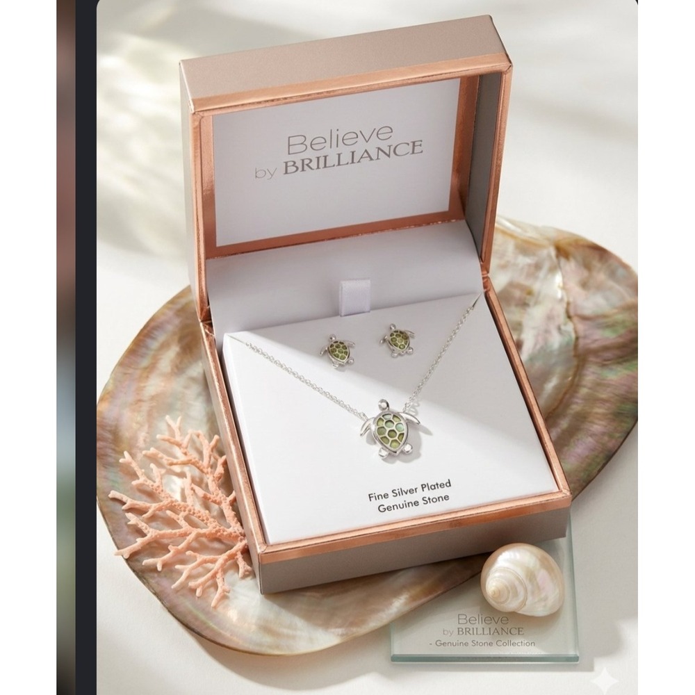 Believe by Brilliance Silver Plated Abalone Turtle Necklace and Earring Set